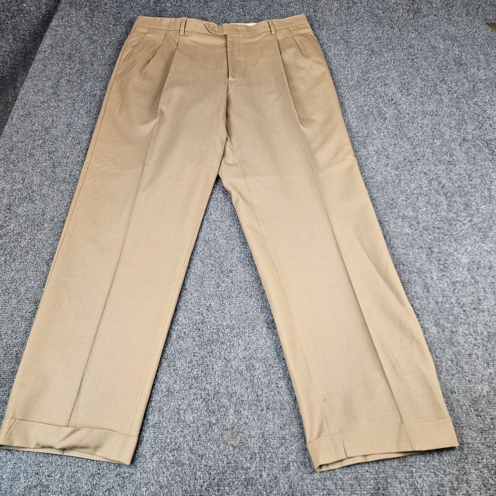 Hart Schaffner Marx Mens 38x31 Tan 100% Wool Pleated Cuffed Dress Pants Trousers